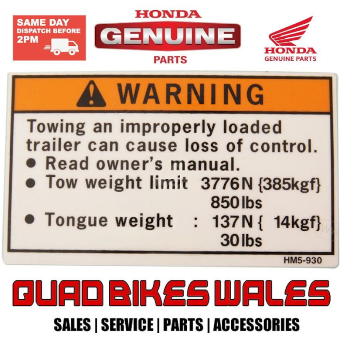 Genuine Honda LABEL,TRAILER HITCH (ENGLISH) 87508-HM5-930